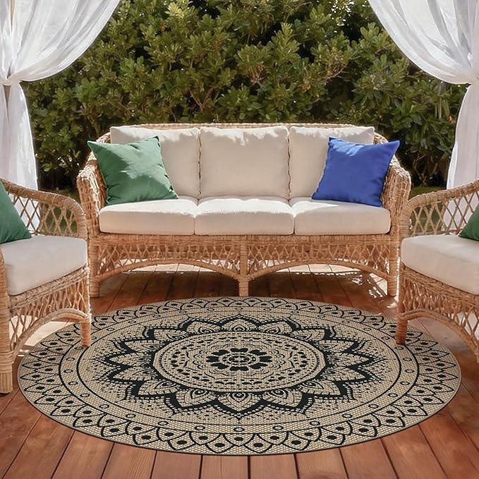 Outdoor Round Rug 5ft, Easy Jute Rug Washable Indoor Outdoor Patio Rug, Non Slip Round Area Rug Farmhouse Front Door Mat,Boho Lightweight Carpet for Backyard Patio Entry (Black, 5 Ft)