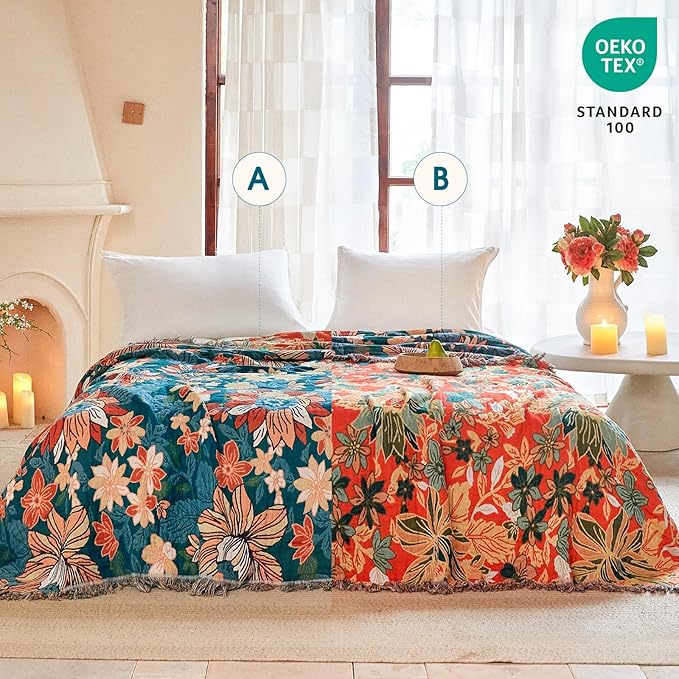 Boho Throw Blanket - 100% Cotton Ultra Soft Muslin Blanket, 90"x90" Lightweight Floral Framhouse Bedding Spring Blanket for Bed, All Season Green Bohemian Bedroom Home Decor Quilt
