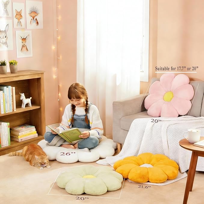 20" Large Hot Pink Flower Pillow Floor Pillow Seat Cushion – Faux Rabbit Fur Plush Throw Pillow, Cozy Floor Cushion & Gift for Kids Girls Adults