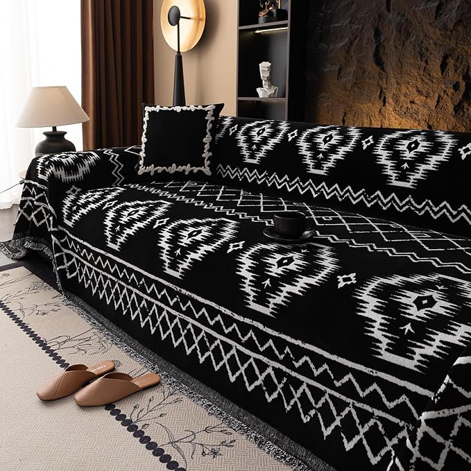 VClife Boho Couch Cover Chenille Sofa Cover for Sectional Sofa, Non Slip Couch Covers for 2 Seater Sofa Pet Friendly Sofa Protector with Tassel, Tribal Pattern Couch Slipcover, Black, 71"X118"