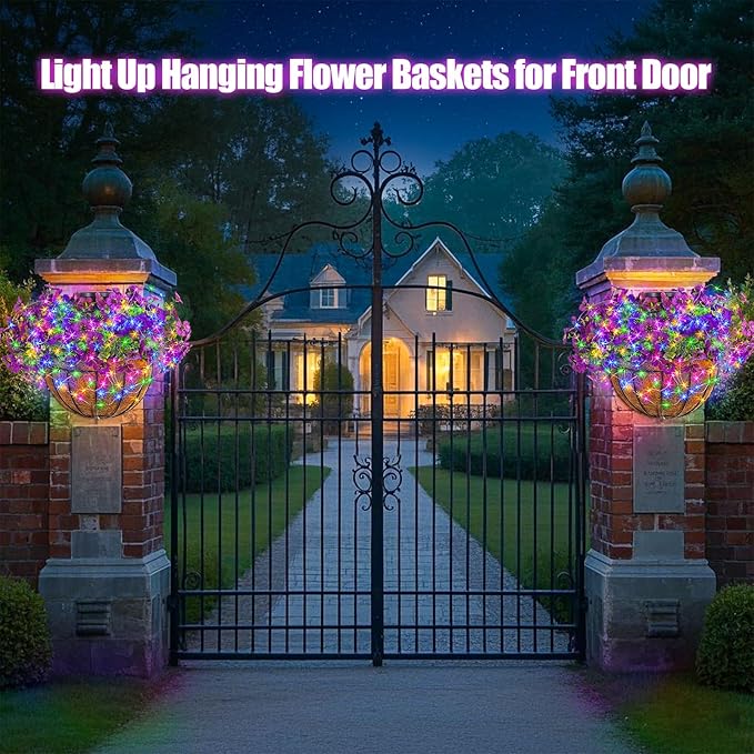 GOESWELL Wall Hanging Basket with Artificial Flowers: Fake Plants Basket with RGB String Lights for Fall Outdoor Decor - Solar Flowers Baskets with Faux Silk Flower for Front Porch Patio Garden Decor