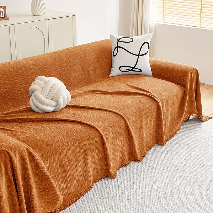 hyha Couch Cover for Dogs, Boho Sofa Covers for 3 Cushion Couch Washable, Chenille Sofa Slipcover for Pets, Soft Loveseat Sectional Couch Throw Blankets with Tassels (Orange, 88.5x118 Inch)