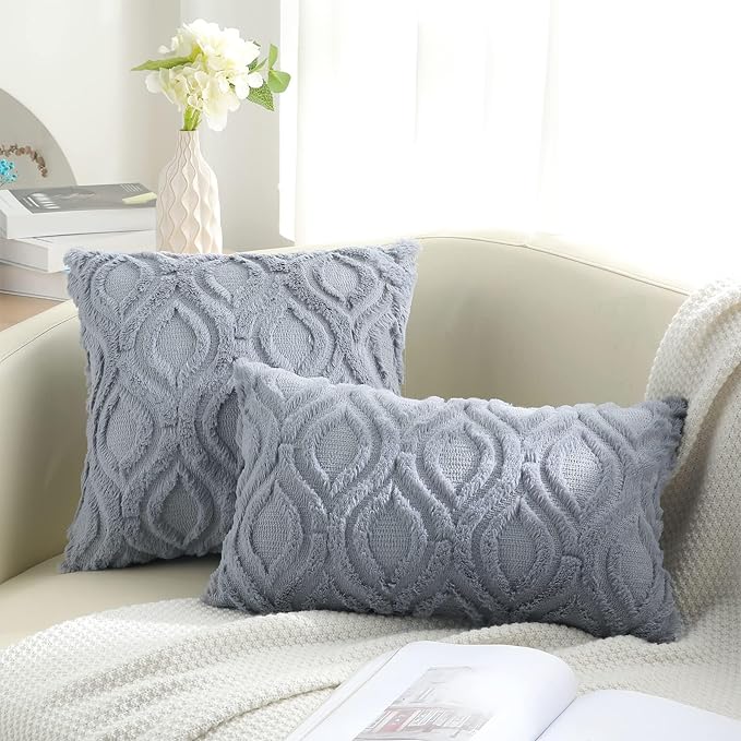 decorUhome Cozy Textured Throw Pillow Covers 12x20 Inch Set of 2, Soft Plush Faux Wool Blue Grey Accent Couch Pillow Covers for Modern Farmhouse Sofa Bed Living Room