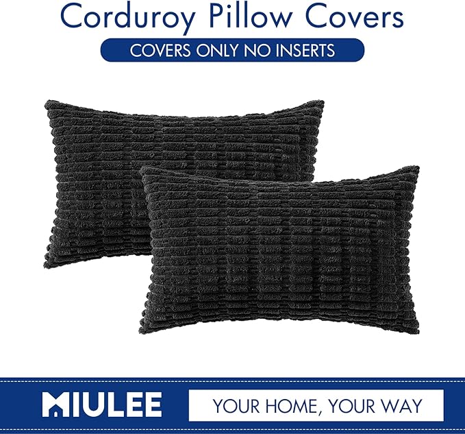 MIULEE Pack of 2 Corduroy Decorative Lumbar Throw Pillow Covers 20x12 Inch Soft Boho Striped Pillow Covers Modern Farmhouse Home Decor for Halloween Sofa Living Room Couch Bed Black