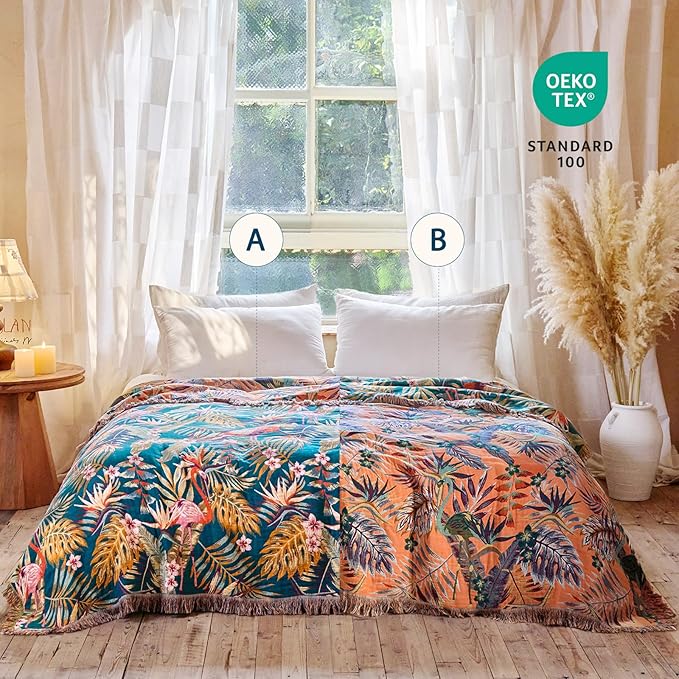 Boho Throw Blanket - 100% Cotton Ultra Soft Muslin Spring Blanket, 60"x80" Lightweight Floral Bird Framhouse Bedding Blanket for Bed, All Season Blue Bohemian Bedroom Home Decor Quilt
