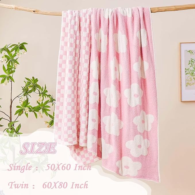 Checkered Throw Blanket, Pink Super Soft Knit Breathable Throw Blanket, Cozy Fluffy Reversible Checkerboard Flower Fuzzy Blanket for Couch Sofa Bed Living Room Decor 50 x 60 inch