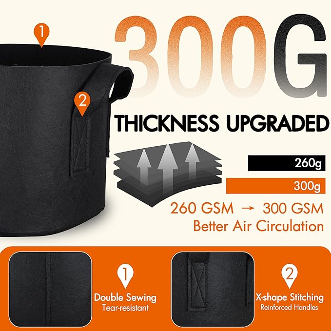 Gardzen 10-Pack 5 Gallon Grow Bags, 300G Thickened Fabric Grow Bags with Handles, Heavy Duty Aeration Plant Grow Bags