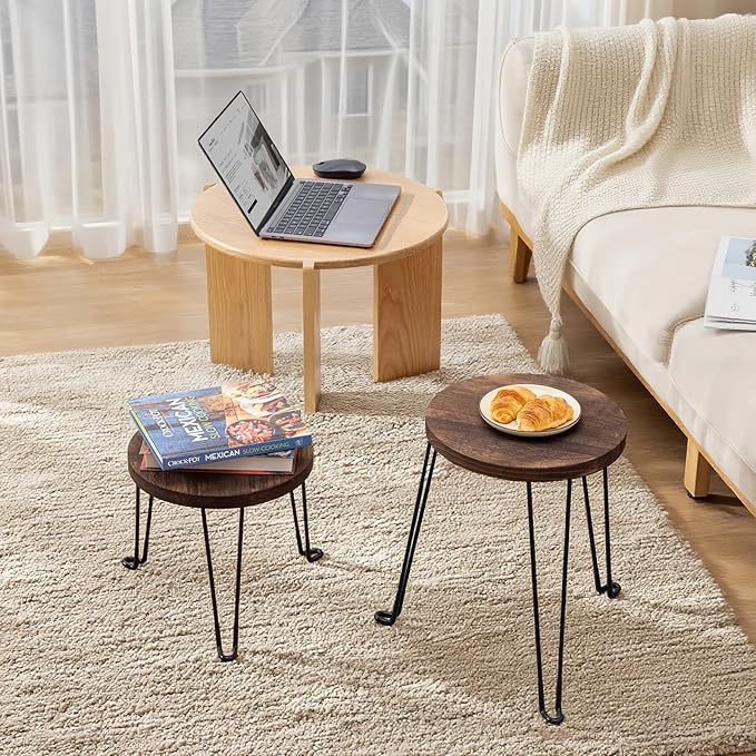 Yangbaga Wooden Plant Stands Indoor: 2Pack 11.81IN Round Planter Stands with Metal Legs,Mid Century Planter Holder for Home Decor,Multi-purpose Plant Table for Living Room/Patio/Garden/Balcony/Office
