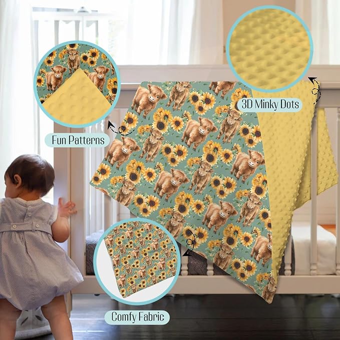 Mink Baby Girls Blankets Highland Cow Sunflower, Western Cowgirl Calf Flower Soft Double Layer Dotted Backing Receiving Swaddle, Newborn Infant Toddler Nursery Crib Bedding Shower Gift 30 x 40