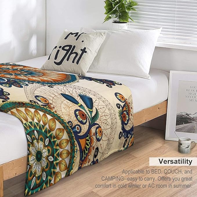 Bohemian Flower Throw Blanket Boho Mandala Floral Flowers Print Pattern Blanket for Sofa Bed Couch Chair Or Dorm 40"x50"