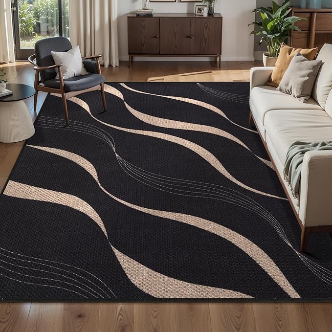 Tangsoo Easy Jute Outdoor Rug,Washable Thin 4x6 Area Rug for Patio,Non Slip Black Wavy Lines Indoor Carpet Farmhouse Modern Throw Mat for Front Porch Balcony Living Room Diningroom