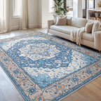 Lessymo Area Rugs 9x12 Living Room, Large Area Rug Machine Washable Area Rug for Bedroom Living Room, Vintage Rugs Boho Floral Medallion, Non-Slip Rubber, Low Pile, Kid & Pet Friendly, Blue Brown