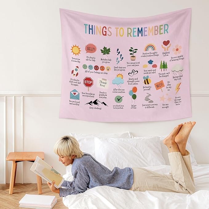 WARDOS Mental Health Pink Tapestry, Things to Remember Inspirational Tapestry Wall Hanging, Positive Affirmation Psychology Wall Blanket Decor for Therapy Calming Office Classroom, 50x60 Inch