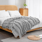 Ultra Soft Pre-Washed Quilted Boho Grey Queen Size Blankets for Bed, Ruffle Fringed Decorative Throw, Stone Washed Chic Rustic Blanket for Sofa Couch Bed, 90"*90"
