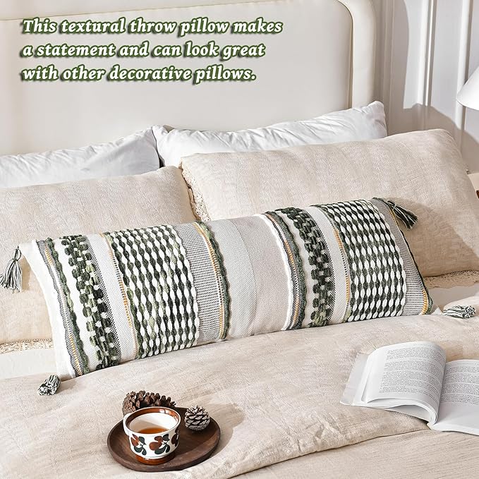 AmHoo Chenille Striped Textured Boho Throw Pillow Covers Aesthetic with Tassels Woven Decorative Pillow Case for Couch Bed Sofa Bedroom Modern Funky 14 x 36-Inch Sage Green