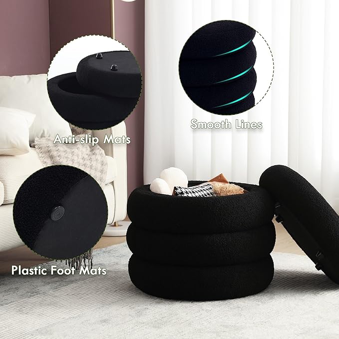 Boucle Ottoman with Storage Black, Small Round Footrest Stool with Removable Lid, Upholstered Sherpa Vanity Chair for Bedroom Entryway