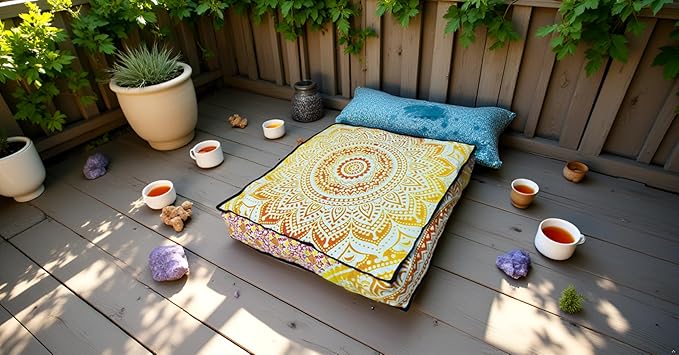 INDIAN CRAFT CASTLE 24" Yellow Ombre Mandala Barmeri Large Floor Pillow Cover Cushion Meditation Seating Ottoman Throw Cover Hippie Decorative Zipped Bohemian Pouf Ottoman Pom Pom Cases 24" Square