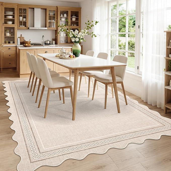 Garvee Scalloped Washable Rug 10x14 Area Rug for Bedroom Modern Living Room Rug Non Slip Large Rugs Low Pile Throw Rugs Soft Non Shedding Stain Resistant Carpet for Dining Room Classroom, 10'x14'
