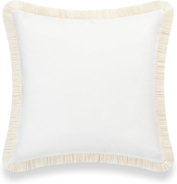 Hofdeco Premium Coastal Patio Indoor Outdoor Pillow Cover Only, 20"x20" Water Resistant for Backyard, Couch, Solid White Fringe