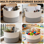 90L Large Blanket Basket,21.7"L x 21.7"W x 13.8"H Rope Woven Baskets with Handles, Toys Storage Bins,Laundry Basket Perfect for Living Room, Nursery,Bedroom,Home Organization,White&Grey