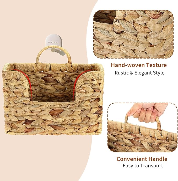 Woven Hanging Magazine Holder, Natural Water Hyacinth Wall Mounted Basket for Books, Files & Magazines, Organizer Rack with Handle (Water Hyacinth, 11.8″ x 4.3″ x 7.9″)