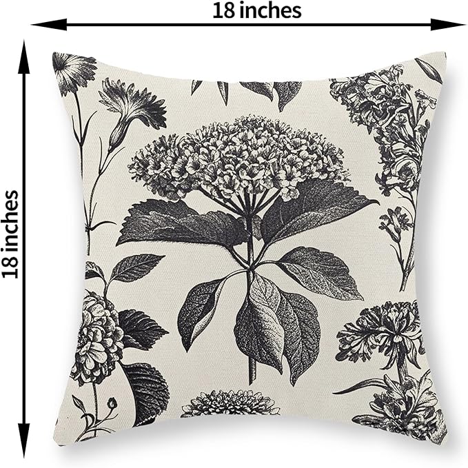 Black Pillow Covers 18x18 Set of 2 Vintage Boho Floral Hydrangea Herbs Botanical Throw Pillow Cover Outdoor Flower Decoration Pillowcase Linen Farmhouse Cushion Case Decorative for Couch Sofa