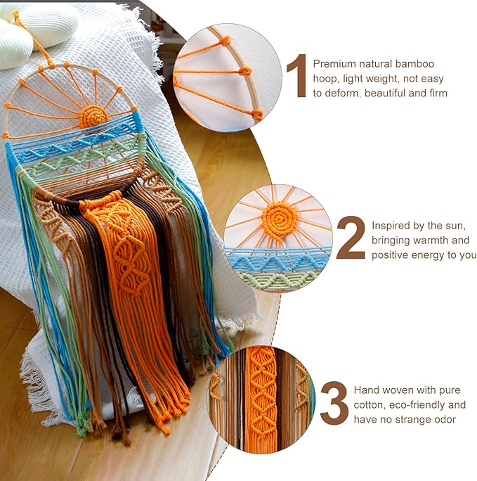 Artilady 3 Pack Macrame Wall Hanging Tapestry Sunrise Sunset Wall Art Set, Hand Woven Boho Tapestries Colorful Sun Wall Decor for Bedroom Living Room Apartment (3 Pcs)