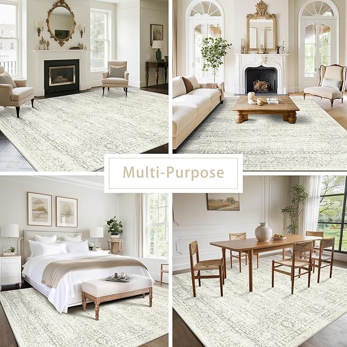 Washable Rugs 5x7 Area Rugs for Living Room,Bedroom,Dining Room- Large Ultra Soft Faux Wool Retro Carpets,Non Slip&Non-Shedding Low Pile Vintage Print Rug for Home Office Decor-Beige