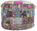 KLAVATE Ganesham Indian Hippie Vintage Cotton Floor Pillow & Cushion Patchwork Bean Bag Chair Cover Boho Bohemian Hand Embroidered Handmade Pouf Ottoman (Grey, 13 H X 18 Diam.(Inch))