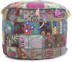 KLAVATE Ganesham Indian Hippie Vintage Cotton Floor Pillow & Cushion Patchwork Bean Bag Chair Cover Boho Bohemian Hand Embroidered Handmade Pouf Ottoman (Grey, 13 H X 18 Diam.(Inch))