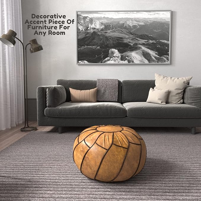 Moderner Faux Leather Pouf Unstuffed Ottoman Moroccan Footstool, Floor Footrest Cushion, Storage Solution - Natural Brown Color (Camel, Round)