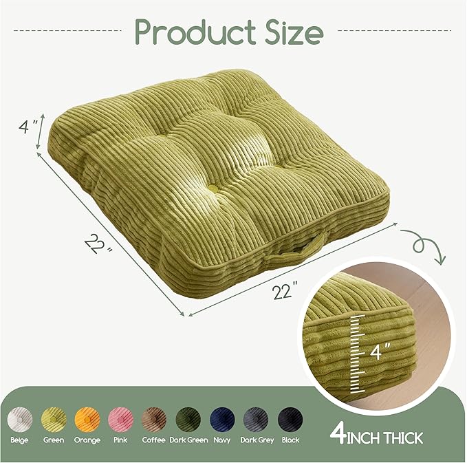 HIGOGOGO Floor Pillow Cushion for Adults, Meditation Cushion Pillow, Large Square Floor Sitting, Tufted Corduroy Cover, for Tatami Living Room or Yoga, 22x22 Inch, Green
