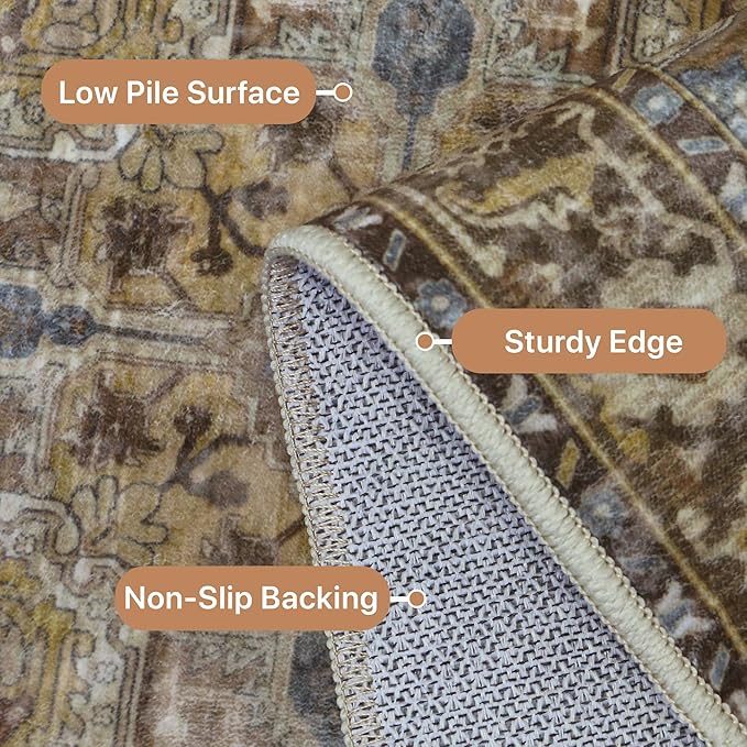 GENIMO 5FT Round Area Rugs for Living Room, Circle Rugs Machine Washable Low Pile, Chenille Non Slip Vintage Rug for Bedroom, Dining Room, Home Office, Charcoal Brown