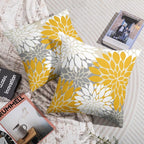 Yellow White Grey Gray Pillow Covers 16X16 Inch Set of 2, Modern Geometry Dahlia Floral Print Decorative Throw Pillow Covers Outdoor Farmhouse Cushion Case for Home Couch Sofa Bed Decoration