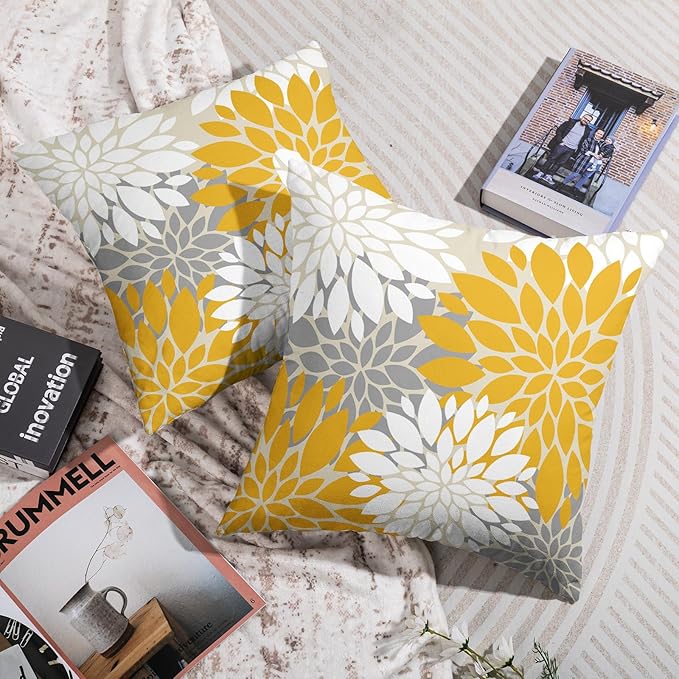 Yellow White Grey Gray Pillow Covers 20X20 Inch Set of 2, Modern Geometry Dahlia Floral Print Decorative Throw Pillow Covers Outdoor Farmhouse Cushion Case for Home Couch Sofa Bed Decoration