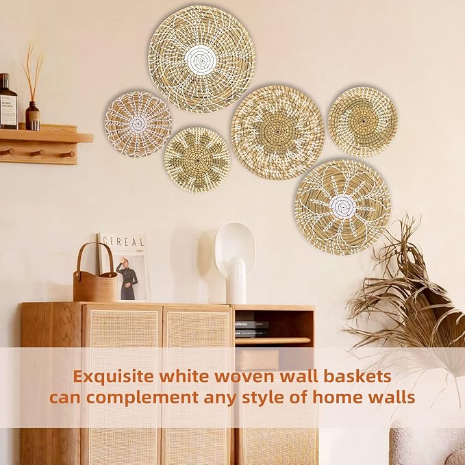 Boho Wall Basket Decor Set of 6 - Hanging Woven Basket Wall Decor, Handcrafted Round Flat Seagrass Baskets Wall Art, for Rustic、Farmhouse、Home - Unique Wicker Wall Basket Decor （White Classic）