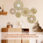 Boho Wall Basket Decor Set of 6 - Hanging Woven Basket Wall Decor, Handcrafted Round Flat Seagrass Baskets Wall Art, for Rustic、Farmhouse、Home - Unique Wicker Wall Basket Decor （White Classic）