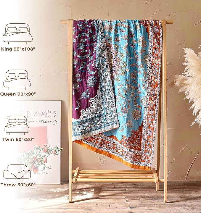 Boho Throw Blanket for Couch Sofa Chair Cotton Spring Blankets for Bedroom Living Room All Season Lightweight Reversible Floral Embroidery Decorative Throws 50"x60"