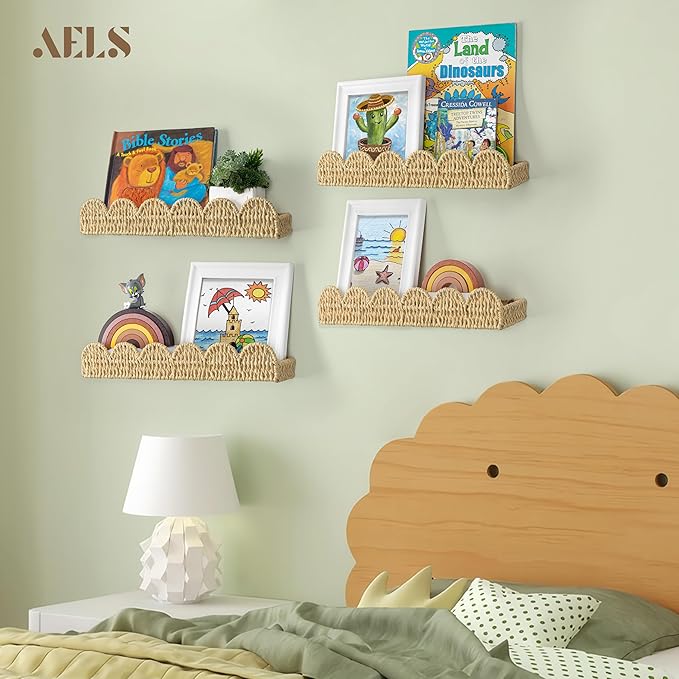 AELS Scalloped Nursery Bookshelf, Set of 4, Picture Ledge Shelf for Wall Decor, Woven Straw Paper Floating Shelves for Books, Toys, Photo Frames, Nursery, Boho Modern Farmhouse Book Shelf, Beige