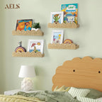 AELS Scalloped Nursery Bookshelf, Set of 4, Picture Ledge Shelf for Wall Decor, Woven Straw Paper Floating Shelves for Books, Toys, Photo Frames, Nursery, Boho Modern Farmhouse Book Shelf, Beige