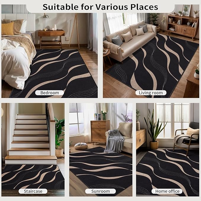 Tangsoo Easy Jute Outdoor Rug,Washable Thin 4x6 Area Rug for Patio,Non Slip Black Wavy Lines Indoor Carpet Farmhouse Modern Throw Mat for Front Porch Balcony Living Room Diningroom