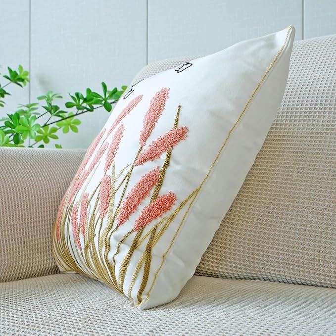 vctops Farmhouse Pampas Grass Cotton Tufted Throw Pillow Cover Boho Embroidery Pillowcase Soft Square Cushion Case for Sofa Couch Bed Chair (Dark Pink,18"x18")