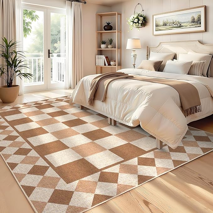 GarveeHome Easy Jute Rug 8x10 Washable Rugs for Living Room Bedroom Checkered Indoor Outdoor Rug for Patio Non-Slip No Shed Jute Rugs Geometric Carpet for Farmhouse Dining Room Backyard, Brown