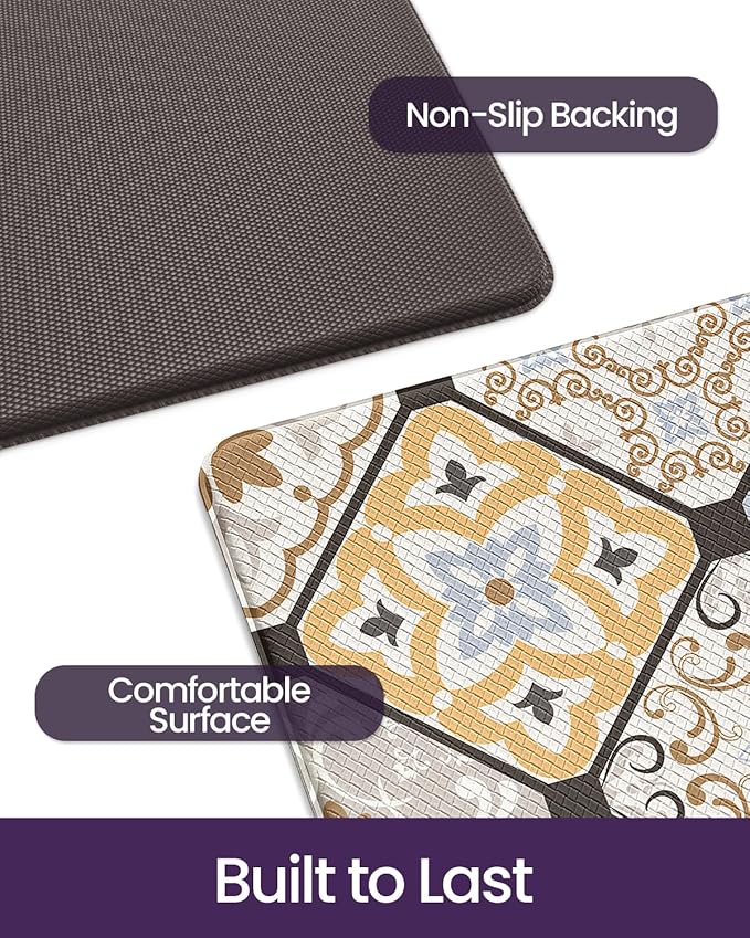 DEXI Anti Fatigue Kitchen Mats for Floor, 23x59, Cushioned Standing Padded Mat Waterproof, Comfort Runner Rug for Laundry Room Office, Brown Checkered