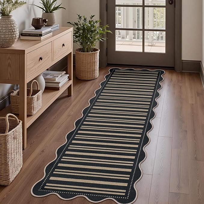 Striped Easy Jute Runner Rug, 2x6 Kitchen Rug Non Slip Washable Outdoor Runner for Entryway Indoor, Farmhouse Black Indoor Outdoor Carpet for Hallway Porch Laundry
