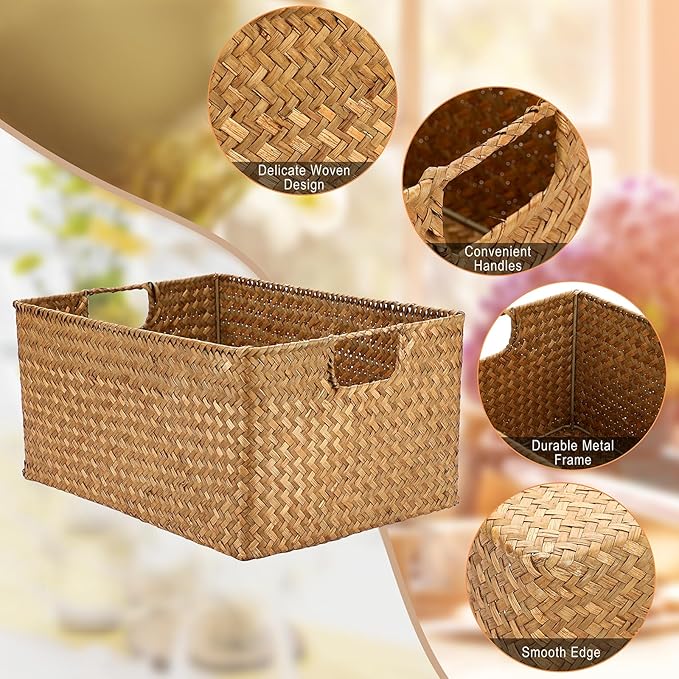 Hipiwe Seagrass Storage Baskets Bin for Shelf Handwoven Wicker Baskets Built-in Handles Rectangular Closet Bedroom Organizer Box Multipurpose Woven Basket Bins,14.6"x 10.6"x 7.1"
