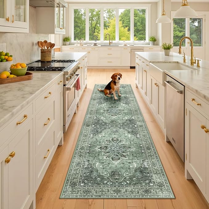 Area Rugs 2'6''x8' Runner Rug Non Slip Washable for Kitchen Hallway Bedroom Beside Laundry Room Bathroom Rug, Floor Carpet, Dark Green Gray