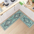 Collive Farmhouse Anti Fatigue Kitchen Mat, Cushioned Kitchen Rug Sets of 2 Waterproof Non Slip Kitchen Floor Mats Ergonomic Comfort Standing Mat for Laundry, Office, Sink, Desk, Teal/Multi