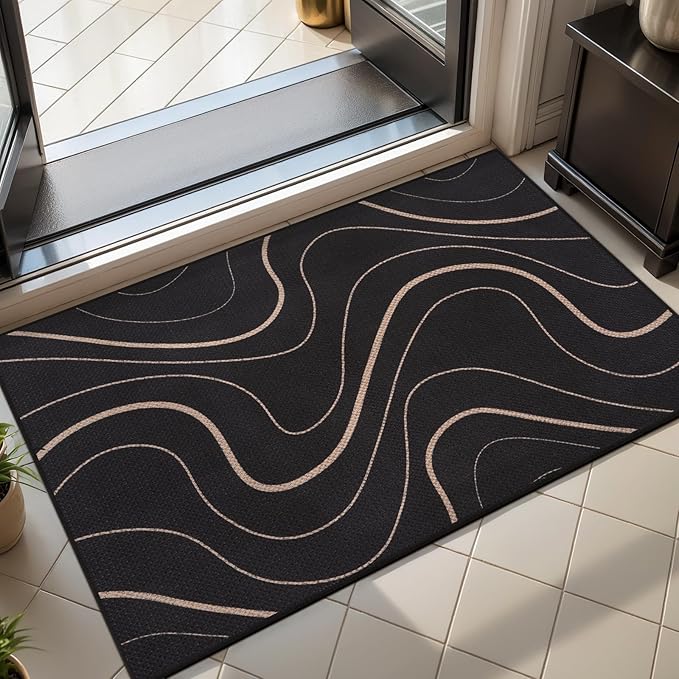 Tangsoo Easy Jute 2x3 Outdoor Rug for Entry,Washable Thin Rug Non-Slip Black Lines Neutral Indoor Mat Farmhouse Small Throw Carpet for Kitchen Bedroom Front Porch Doorway Entryway
