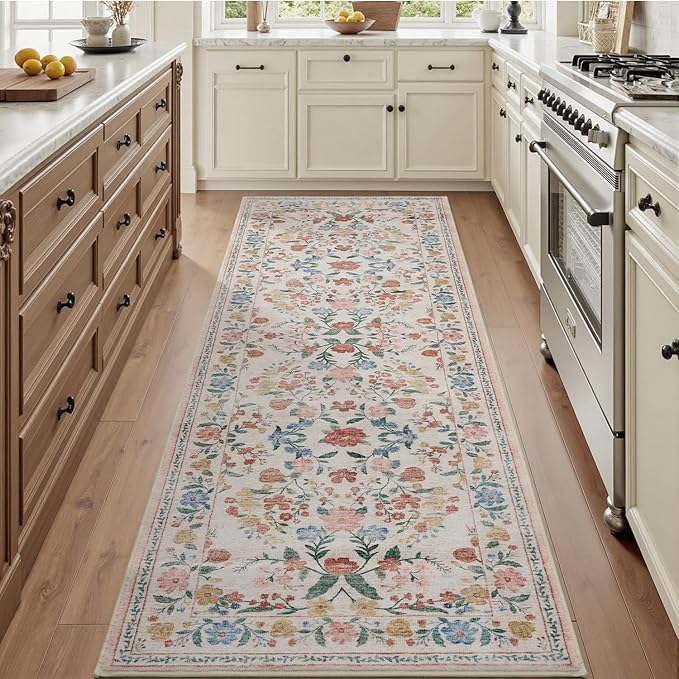 AMOAMI Vintage Floral Runners for Hallways Indoor, 2'6''x8' Kitchen Runner Rug Non Slip Machine Washable Entryway Rug Runner Ultra Soft Boho Carpet Runner for Hallway Kitchen Bedside Entryway, Beige